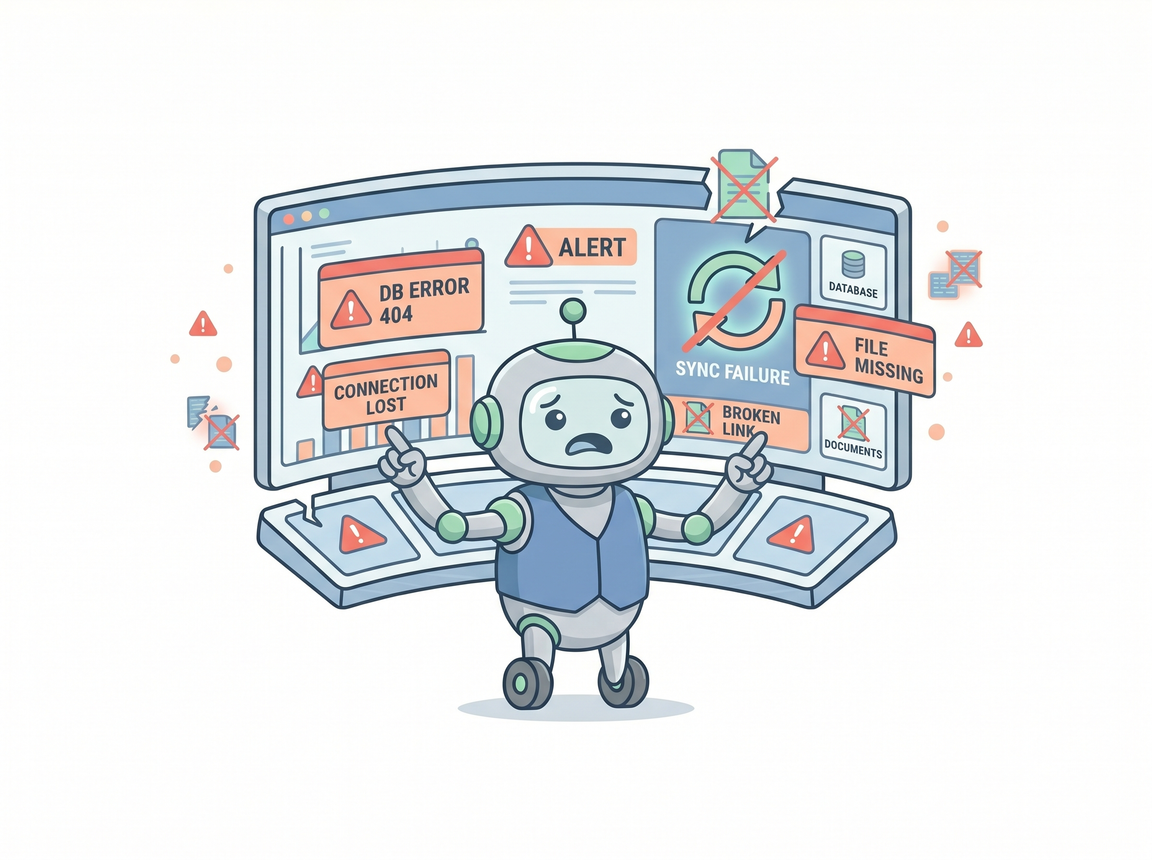 Ilustración de un robot con expresión de alarma frente a una pantalla panorámica llena de mensajes de error en rojo: DB Error 404, Connection Lost, Sync Failure, Broken Link y File Missing, con iconos de base de datos, documentos y archivos tachados a su alrededor