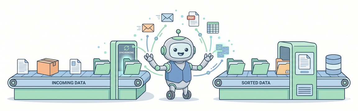 Ilustración de un robot sonriente en el centro de dos cintas transportadoras, una etiquetada Incoming Data con documentos y cajas, y otra etiquetada Sorted Data con carpetas organizadas, mientras orquesta en el aire correos, PDFs y hojas de cálculo sincronizados automáticamente