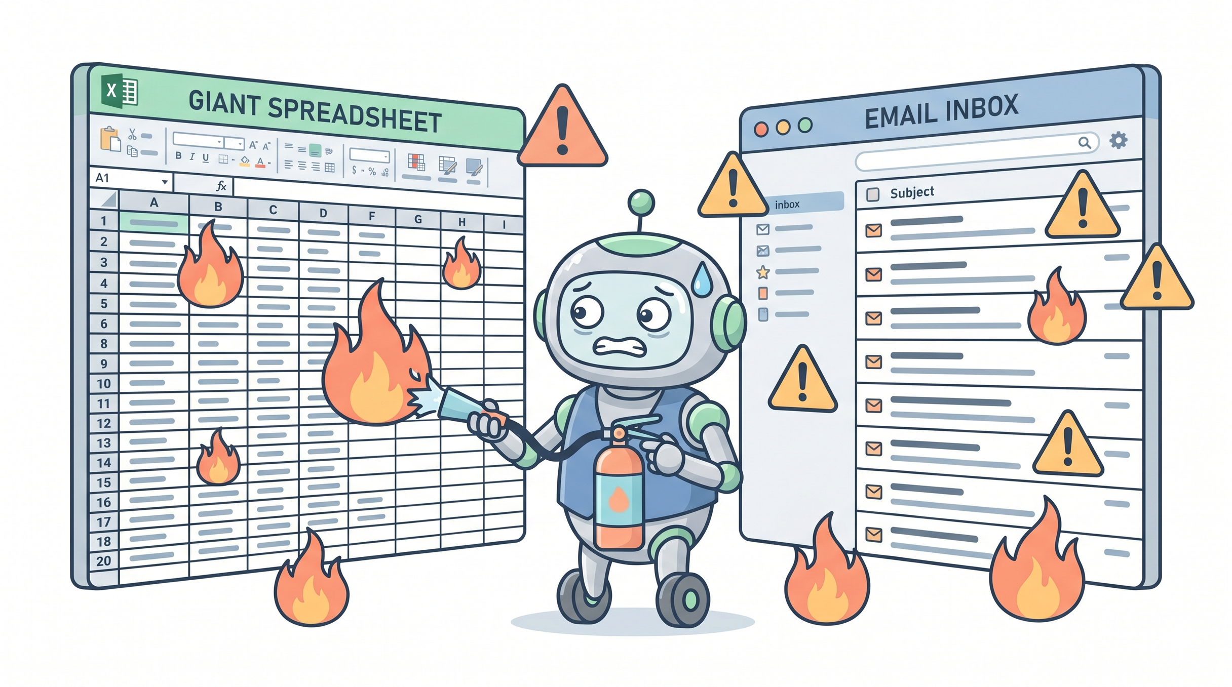 Ilustración de un robot estresado con un extintor intentando apagar llamas que brotan de una hoja de cálculo gigante de Excel a su izquierda y de una bandeja de entrada de correo desbordada a su derecha, ambas repletas de iconos de advertencia