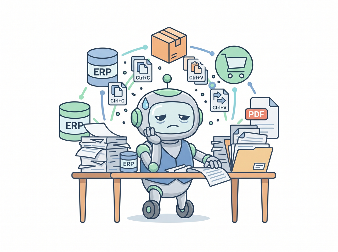 Ilustración de un robot agotado sentado en un escritorio rodeado de pilas de papeles y bases de datos ERP, con iconos de Ctrl+C y Ctrl+V flotando junto a documentos PDF, una caja de paquetería y un carrito de compra, representando el trabajo de copia y pega manual entre sistemas
