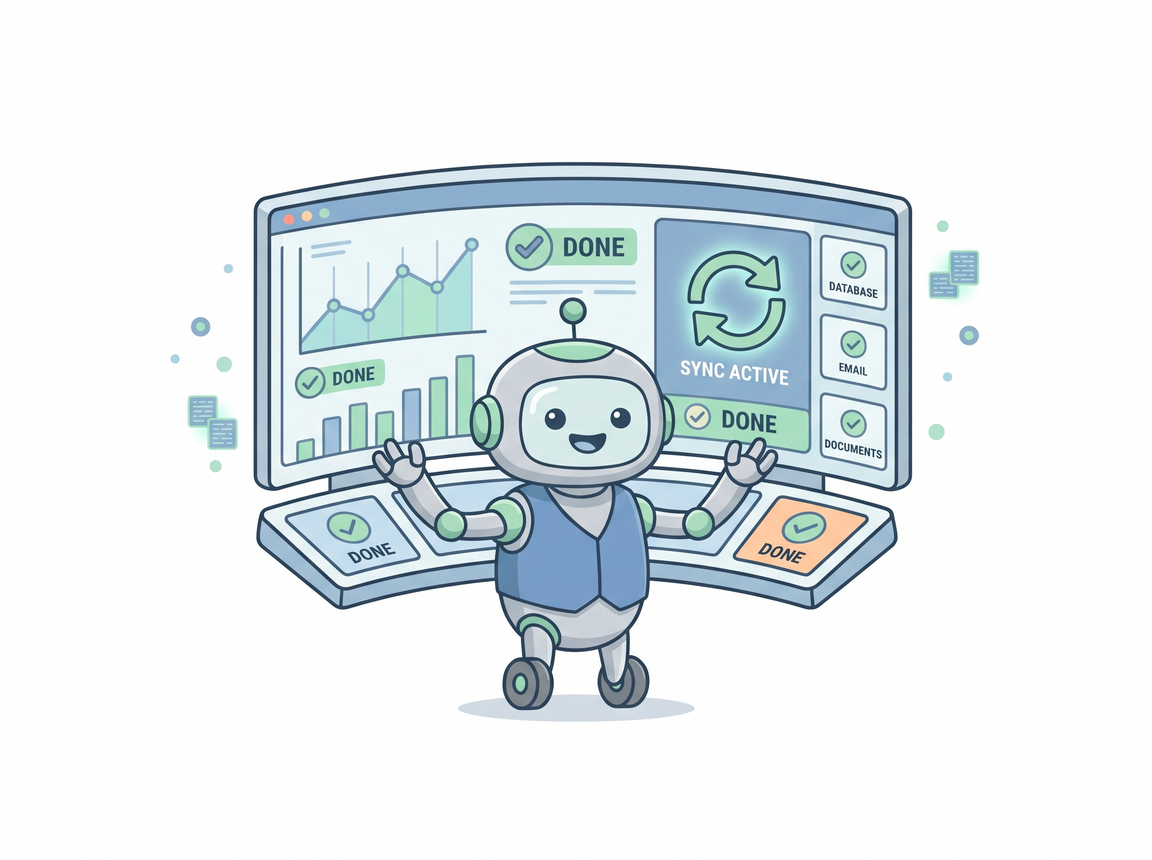 Ilustración de un robot feliz con los brazos levantados frente a un panel de control panorámico que muestra gráficas de crecimiento, el estado Sync Active y múltiples tareas marcadas como Done en Database, Email y Documents, con todos los indicadores en verde