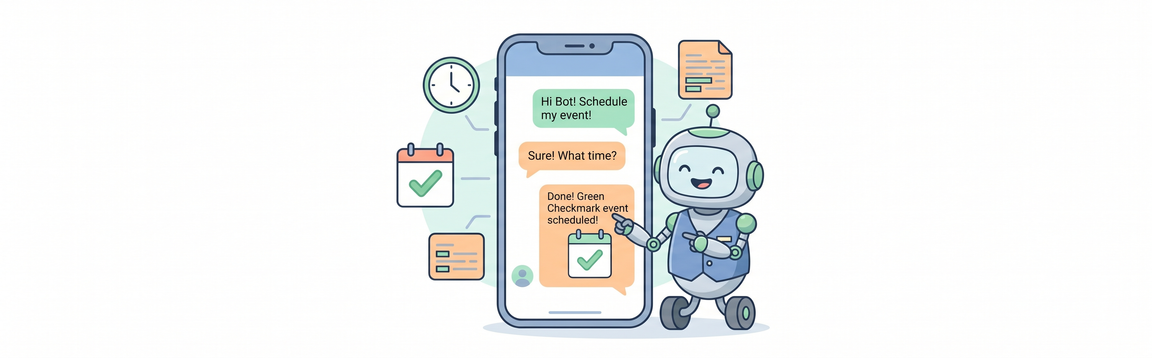 Ilustración de un robot con chaleco azul señalando un teléfono móvil que muestra un chat interactivo de agendamiento de citas y confirmación de calendario
