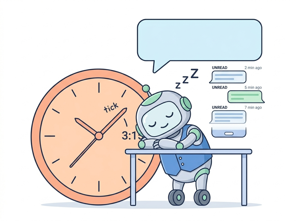 Ilustración de un pequeño robot con chaleco azul durmiendo sobre un escritorio junto a un gran reloj analógico de color naranja marcando las 3:15, con notificaciones flotantes de mensajes no leídos al lado