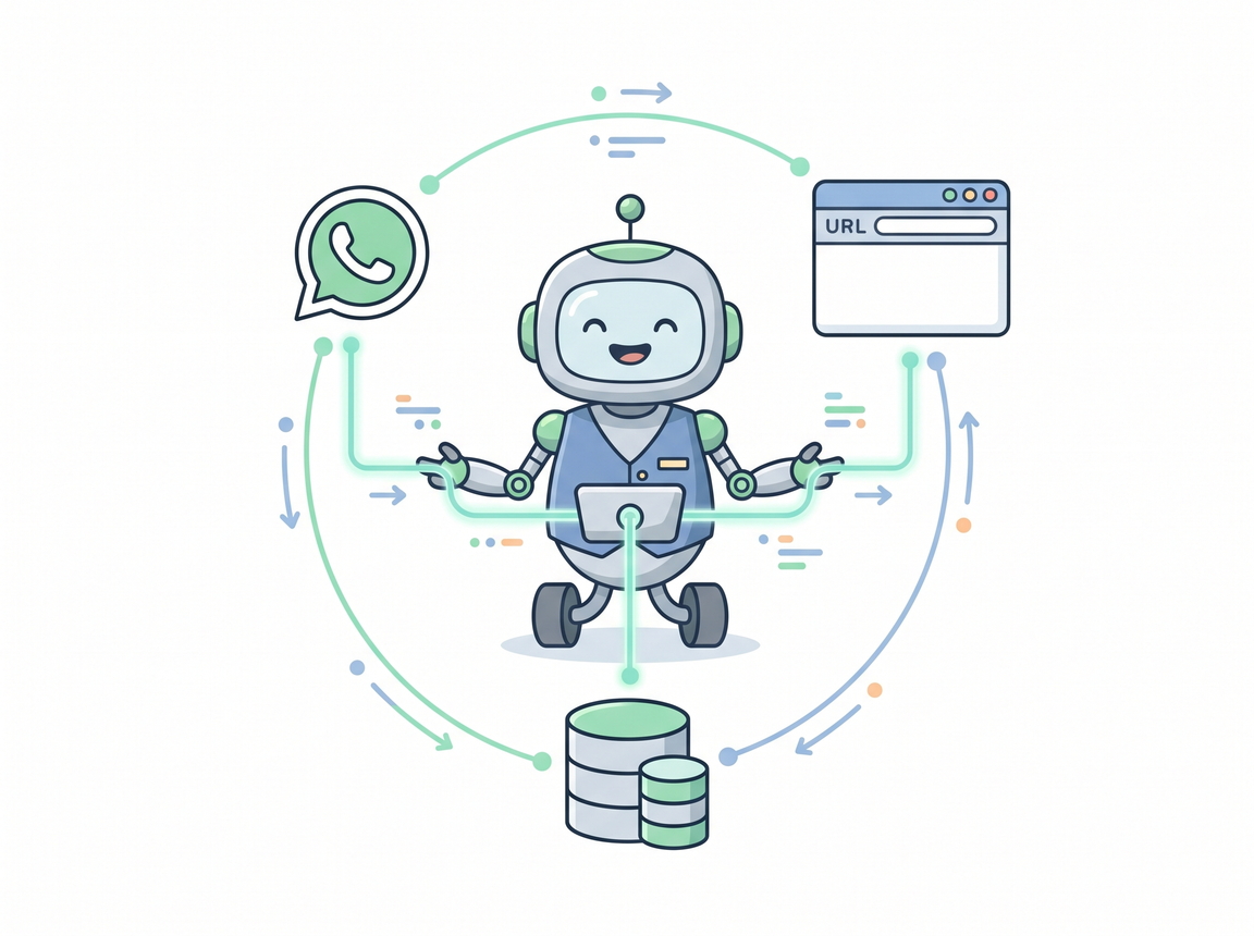 Ilustración de un robot con chaleco azul conectado centralmente a un icono de WhatsApp, una ventana de navegador web y una base de datos, con flechas que indican el flujo e integración de información