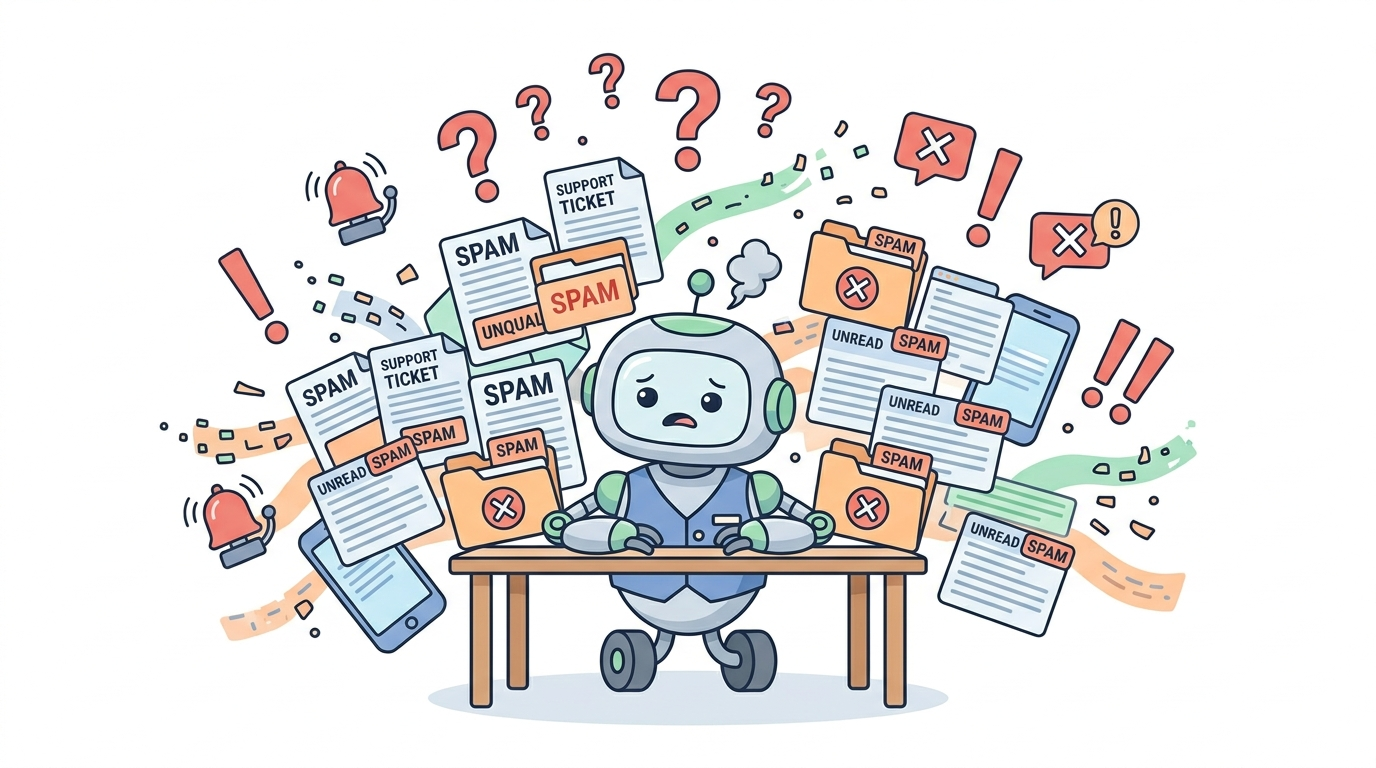 Ilustración de un robot con chaleco azul abrumado ante su escritorio, rodeado de carpetas y correos marcados como SPAM, teléfonos inteligentes flotantes y signos de exclamación