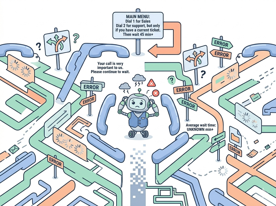 Ilustración isométrica de un laberinto de tuberías y teléfonos, con un robot con chaleco azul estresado en el centro rodeado de señales de error, advertencias y tiempos de espera