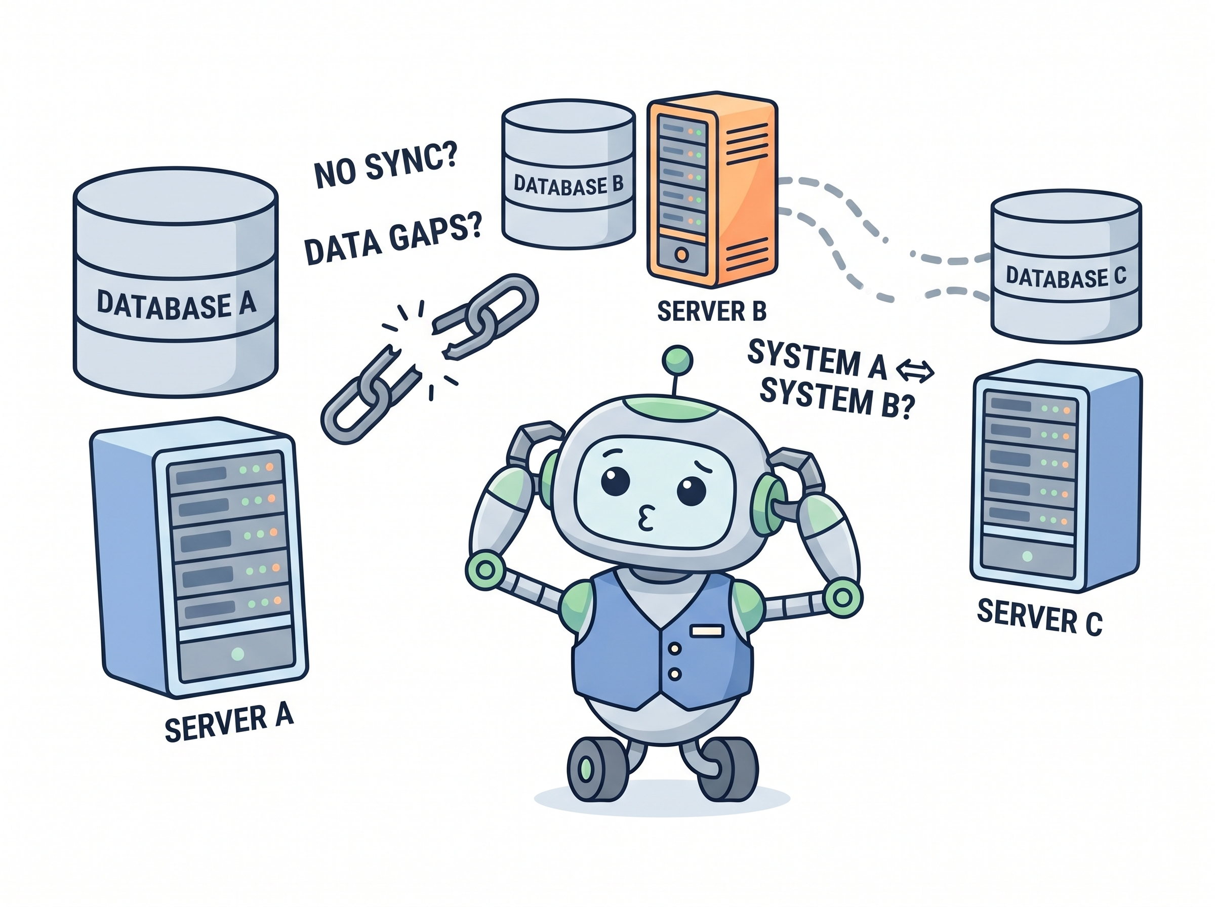 Ilustración de silos de información y bases de datos aisladas y desconectadas
