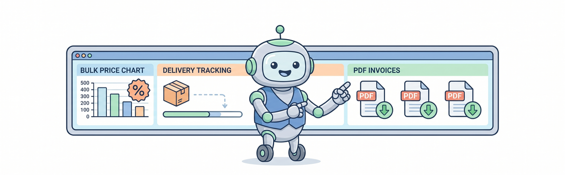 Ilustración de un robot sonriente con chaleco azul frente a una ventana de navegador dividida en tres columnas para tarifas por volumen, seguimiento de pedidos con caja e indicador, y facturas PDF para descargar
