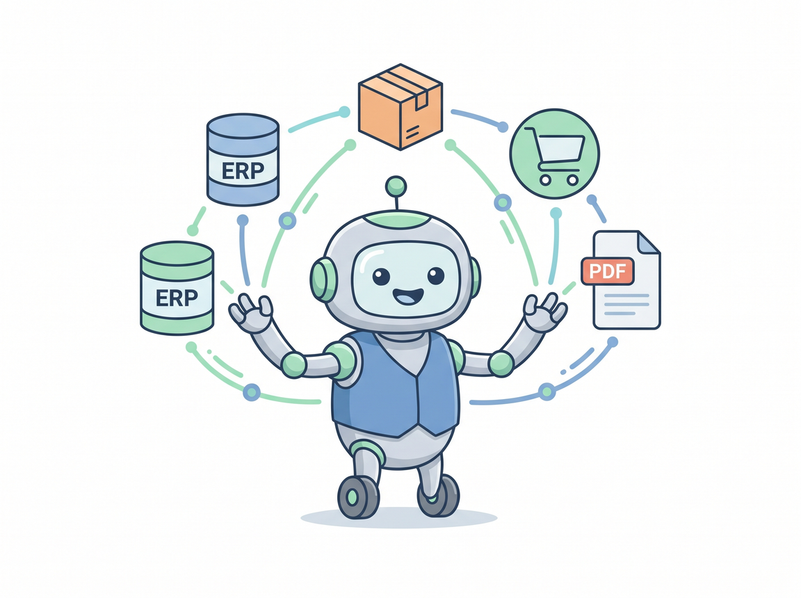 Ilustración de un robot sonriente con chaleco azul con los brazos en alto, rodeado de un bucle de sincronización con bases de datos ERP, una caja de envío, un carrito de compra y una factura en PDF