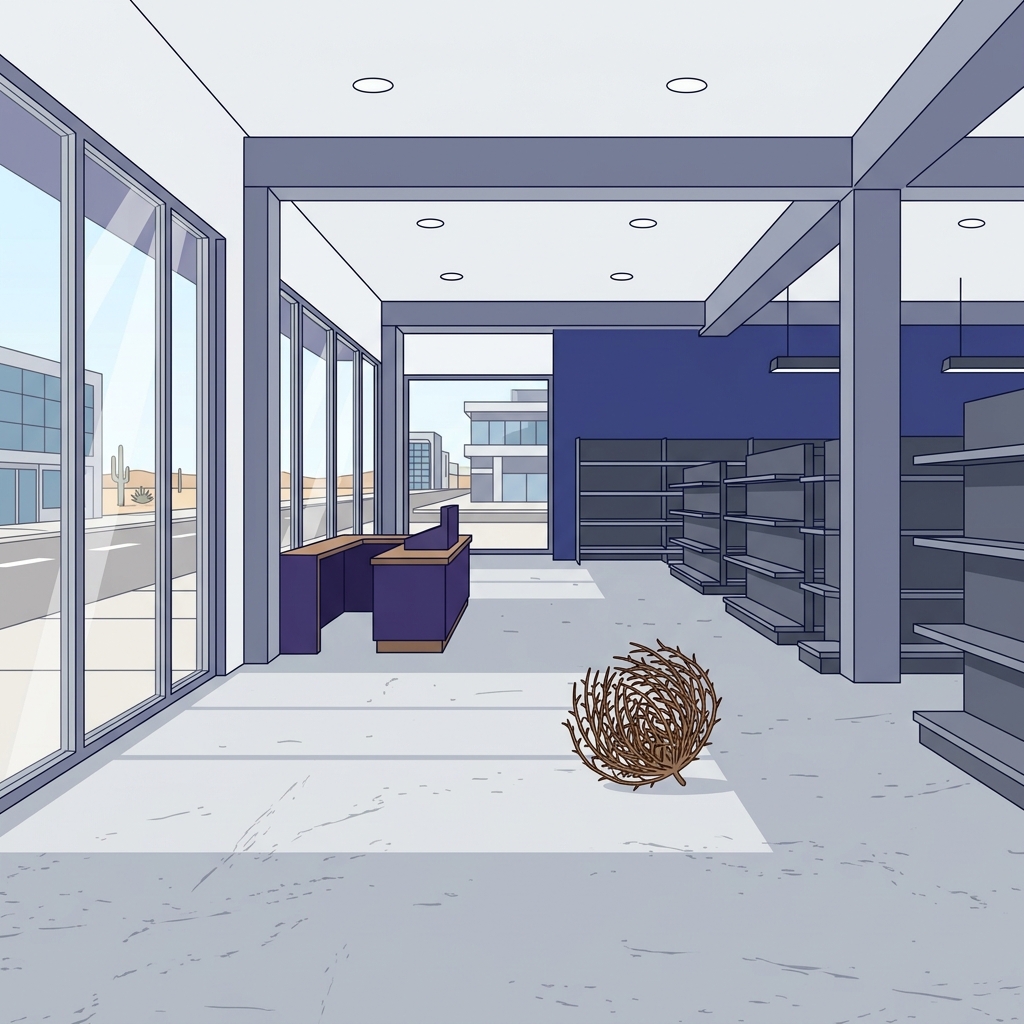 Ilustración de una tienda física vacía y abandonada con una bola del desierto indicando abandono
