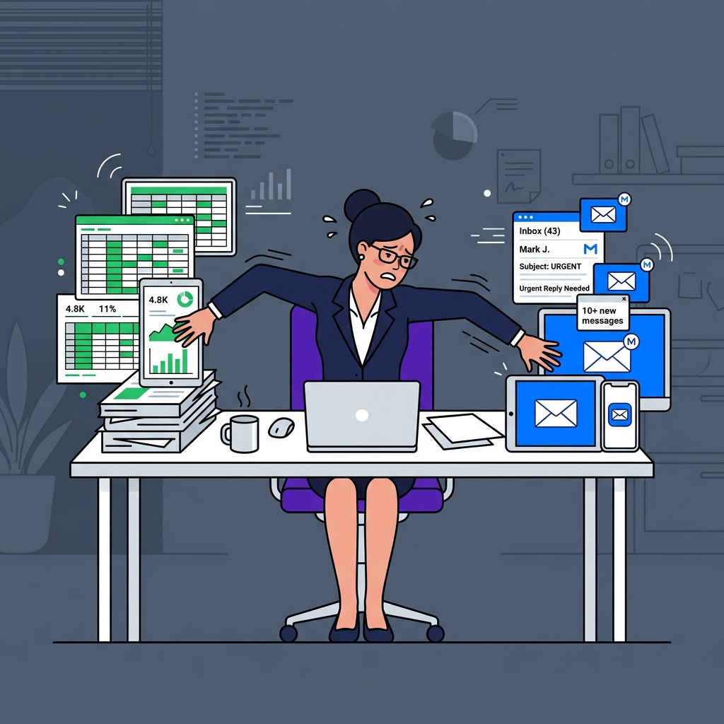 Ilustración de un director abrumado rodeado de correos electrónicos, hojas de cálculo de Excel y papeleo manual