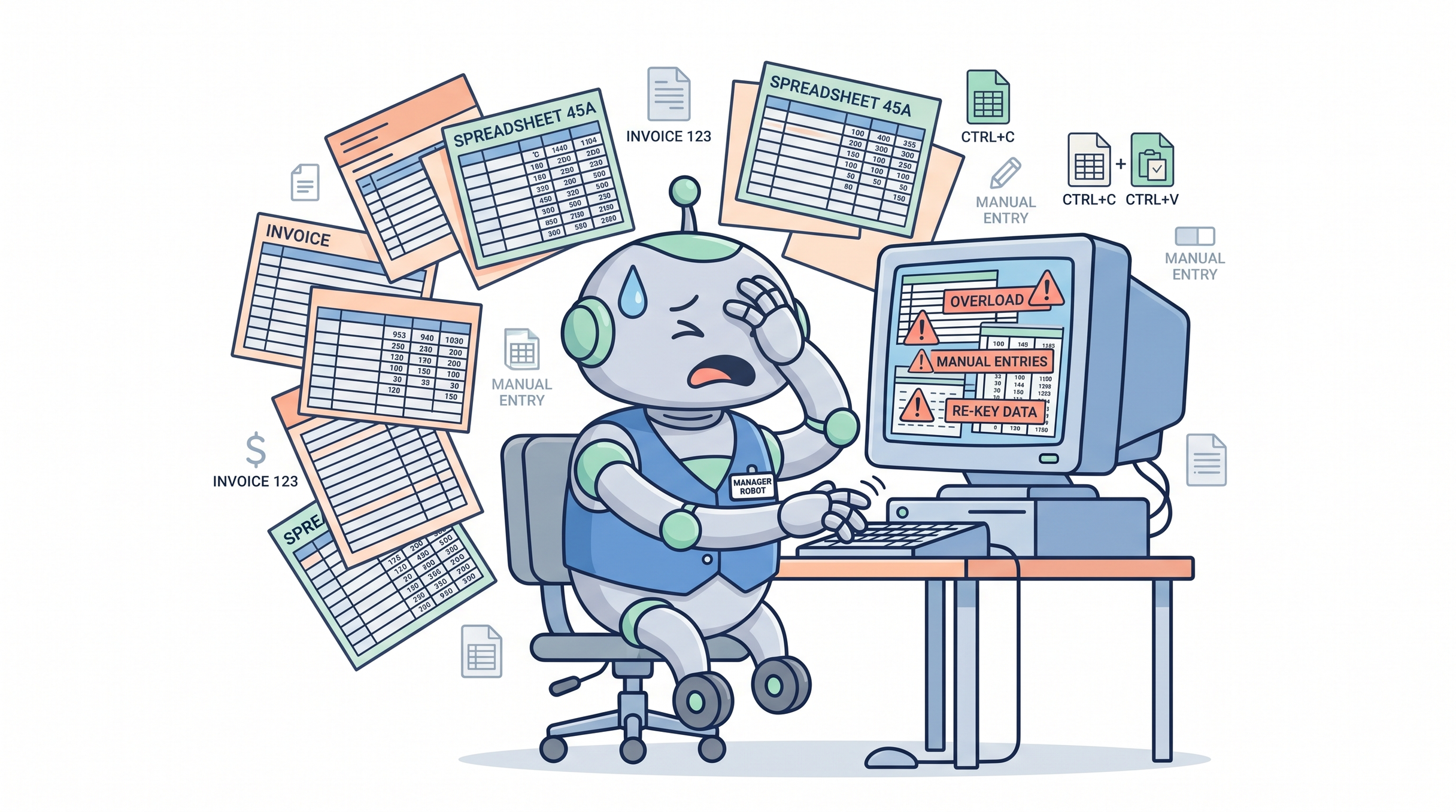 Ilustración de un robot con una placa de MANAGER ROBOT y chaleco azul, sentado frente a una computadora antigua con sudor y agobio, con alertas de OVERLOAD en la pantalla y hojas de facturas y Excel flotando alrededor