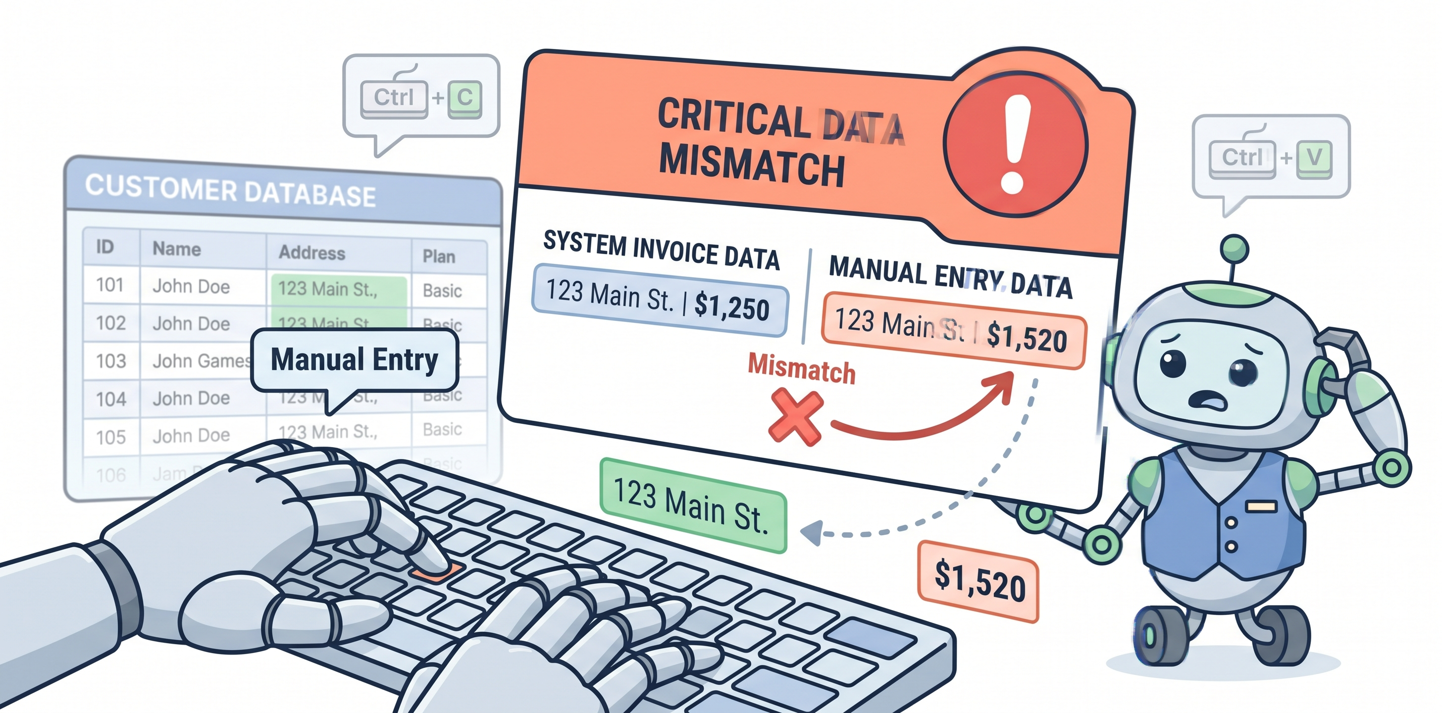 Ilustración de una alerta de error crítico y discordancia de datos en base de datos