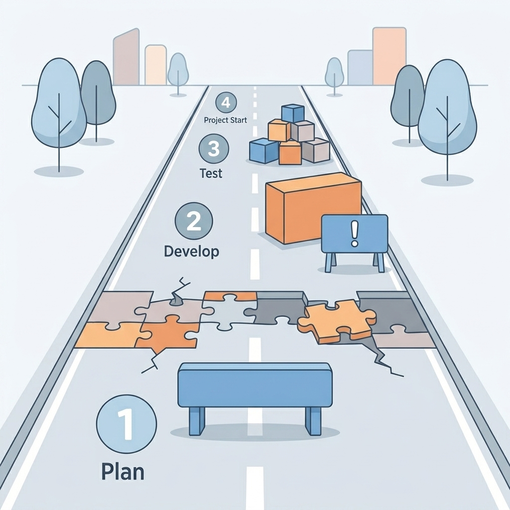 Ilustración vectorial de una carretera con obstáculos y bloques irregulares que dificultan el avance
