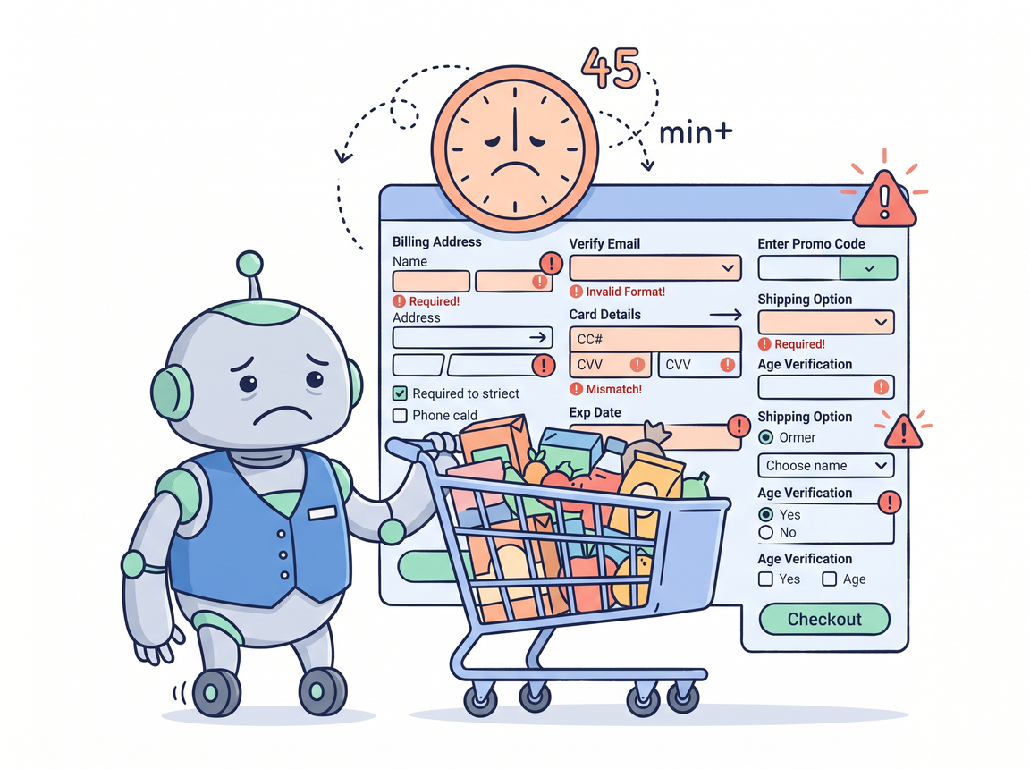 Ilustración de un robot triste con chaleco azul empujando un carrito de la compra lleno de productos frente a un gran formulario de pago web repleto de errores de validación, advertencias y un reloj que marca más de 45 minutos