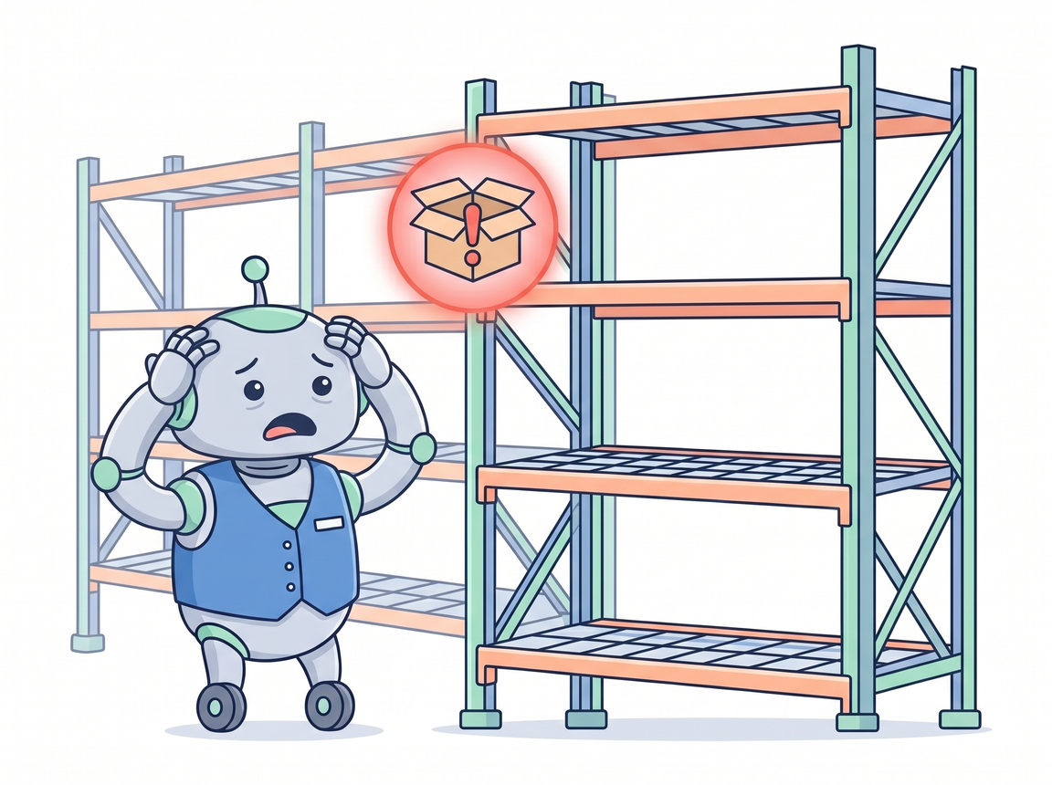 Ilustración de un robot preocupado con chaleco azul con las manos en la cabeza frente a estanterías metálicas de almacén completamente vacías, con una advertencia roja de caja abierta indicando rotura de stock